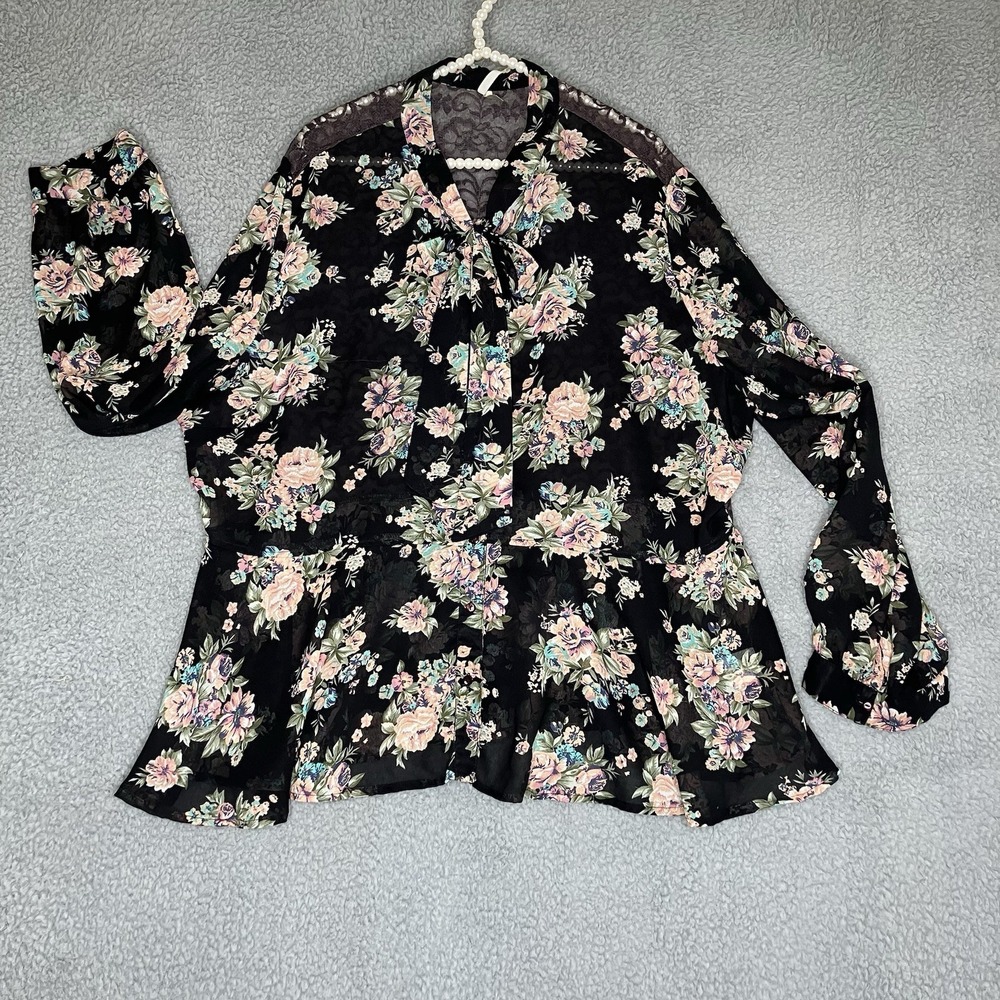 Truth NYC Blouse‎ Womens 3X  Black Floral Peplum Long Sleeve Sheer Lace Romantic
